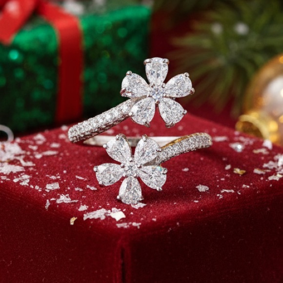 NWT Sterling Silver 2 Carat Simulated Diamond Double Floral Adjustable Ring - Picture 5 of 5